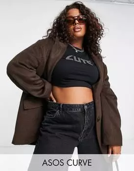 Шоколадный блейзер оверсайз ASOS DESIGN Curve smart из смеси шерсти и шерсти ASOS DESIGN Curve