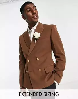 Шоколадный двубортный приталенный пиджак с золотыми пуговицами ASOS Wedding