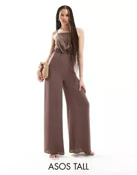 Шоколадный комбинезон ASOS DESIGN Tall с высоким воротником и крест-накрест спереди