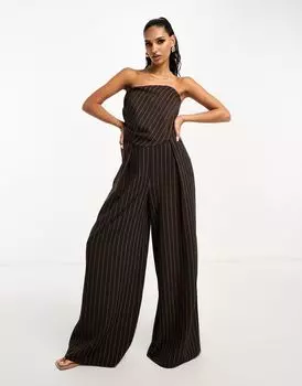 Шоколадный комбинезон-бандо в тонкую полоску ASOS DESIGN