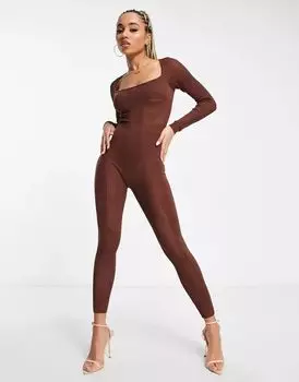 Шоколадный комбинезон в рубчик с контурной отделкой Simmi Simmi Clothing