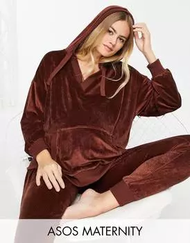 Шоколадный комплект из велюрового свитера и леггинсов с открытым вырезом ASOS DESIGN Maternity lounge