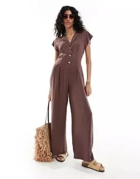 Шоколадный льняной комбинезон с воротником и пуговицами ASOS DESIGN