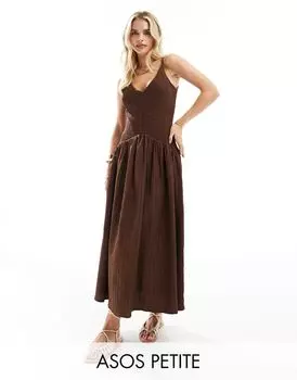 Шоколадный сарафан миди с пышной юбкой и жатым шлейфом ASOS DESIGN Petite