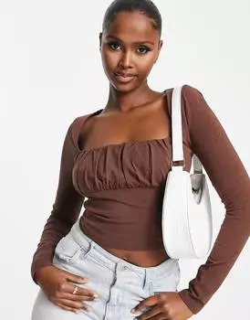 Шоколадный топ с длинными рукавами и сборками на груди ASOS DESIGN
