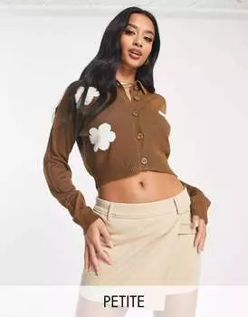 Шоколадный вязаный кардиган с воротником-ромашкой Only Petite