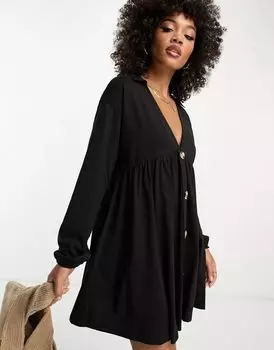 Шорты ASOS. Черное свободное платье с длинными рукавами и пуговицами