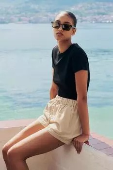 Шорты бермуда из льняной посадки средней посадки ZARA, песочный