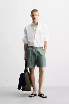 Шорты-бермуды из 100% льна обычного покроя ZARA, цвет Grey green