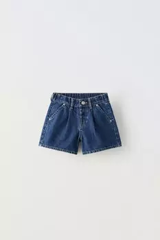 Шорты-бермуды из денима с вытяжками ZARA, синий