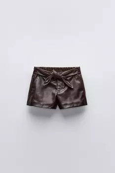 Шорты-бермуды из искусственной кожи с завязкой ZARA, коричневый