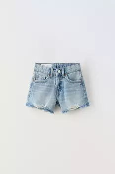 Шорты-бермуды из потертой джинсы ZARA, синий