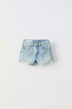 Шорты-бермуды из потертой джинсы ZARA, светло-голубой