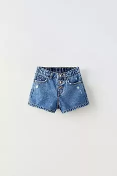 Шорты-бермуды из разрывного денима ZARA, средне-синий