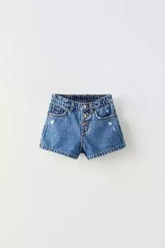 Шорты-бермуды из разрывного денима ZARA, средне-синий