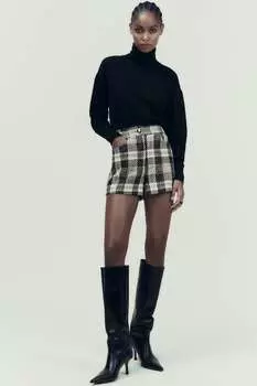 Шорты-бермуды из текстурированной клетки ZARA, экру черный