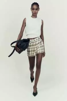 Шорты-бермуды из текстурированной клетки ZARA, кэмел