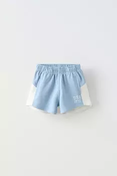 Шорты-бермуды с цветными блоками и лозунгом ZARA, синий