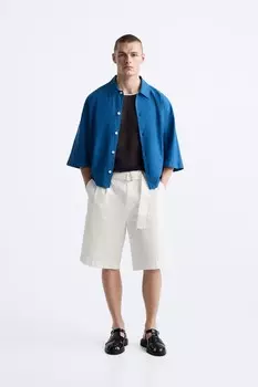 Шорты-бермуды с плиссированными платьями и поясом ZARA, белый