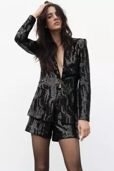 Шорты-бермуды с высокой талией, расшитые пайетками ZARA, черный