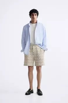 Шорты-бермуды с жаккардовым геометрическим принтом ZARA, экрю/зеленый