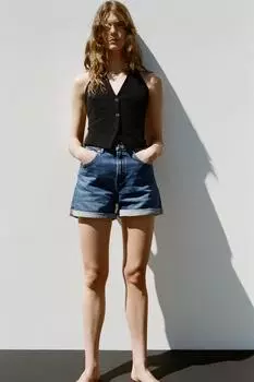 Шорты-бермуды trf mom fit с высокой талией ZARA, темно-синий