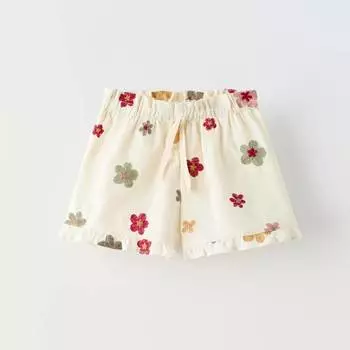 Шорты-бермуды Zara Summer Camp Floral Embroidered, бежевый