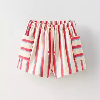 Шорты-бермуды Zara Summer Camp Striped Pockets, красный/бежевый