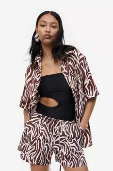 Шорты без застежек из смесового льна H&M, темно-коричневый/зебра