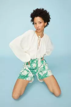 Шорты без застежек со льном H&amp;M, светло-бежевый/папоротники