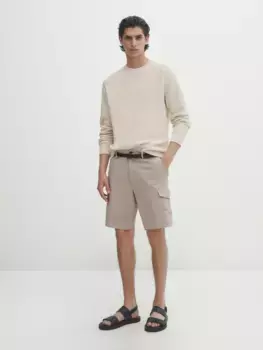 Шорты cargo из смешанного хлопка и льна Massimo Dutti, бежевый