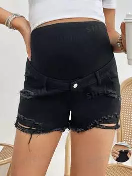 Шорты для беременных Shein с рваным отверстием и трикотажной лентой, черный