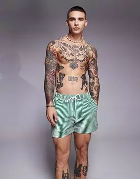 Шорты для плавания в полоску из сирсакера, короткие, зеленого цвета ASOS DESIGN