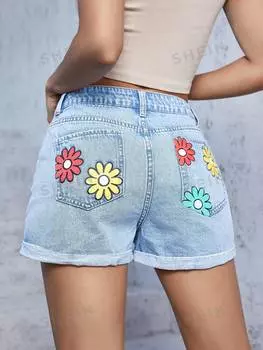 Шорты джинсовые с цветочным принтом, светло-синий