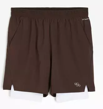 Шорты H&M DryMove 2-in-1 with 4-way Stretch, темно-коричневый/белый