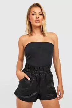 Шорты из бумажного сумка из денима с пу покрытием Boohoo, черный