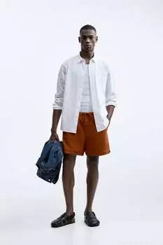 Шорты из хлопка и льна Zara, терракота