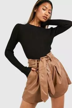 Шорты из искусственной кожи с высокой талией boohoo, бежевый
