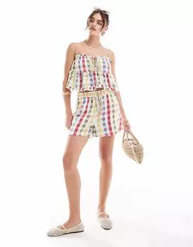 Шорты из льняной смеси ASOS DESIGN в разноцветную клетку