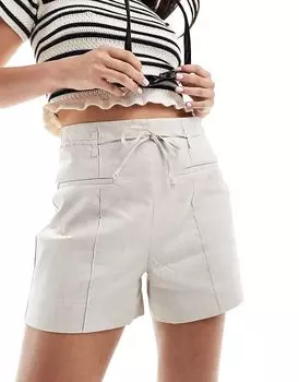 Шорты из льняной смеси с завязками на талии бежевого цвета Mango