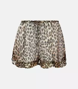 Шорты из шифона с леопардовым принтом и рюшами Ganni, Leopard