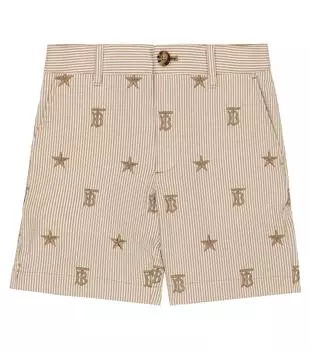 Шорты из смесового хлопка в полоску с вышивкой Burberry Kids, бежевый