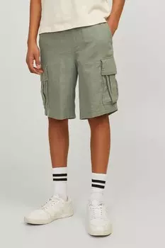 Шорты карго свободного кроя из смесового льна Jack & Jones Junior, зеленый