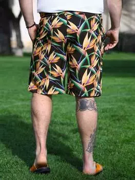 Шорты мужские Manfinity RSRT с растительным и буквенным принтом, черный / оранжевый