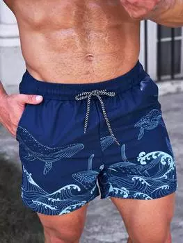 Шорты мужские пляжные Manfinity с мультяшным принтом и завязками на талии, темно-синий