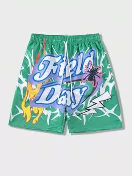 Шорты мужские Romwe Street Life с буквенным принтом и завязками на талии, зеленый