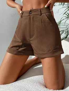 Шорты PETITE, боковые карманы, пуговицы спереди Shein, светло-коричневый
