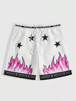 Шорты ROMWE Street Life, звезды, пламя, узор, бантик на талии, белый цвет