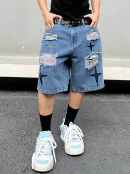 Шорты рваные джинсовые Manfinity EMRG с принтом звезд, синий