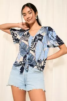 Шорты с V-образным вырезом и завязкой спереди топ с жатыми ткаными рукавами Friends Like These, синий